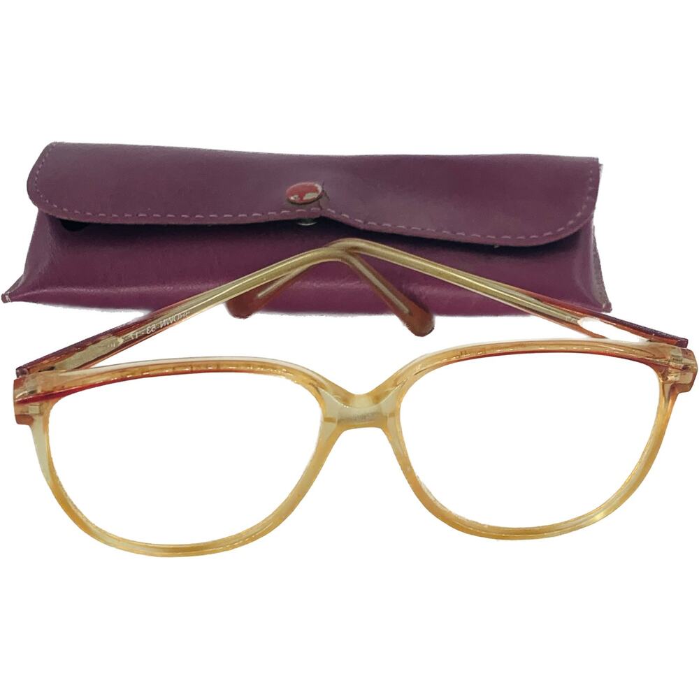 Vintage 80s Oversized Womens Eyeglasses Frame Clear Yellow Amber Purple Case